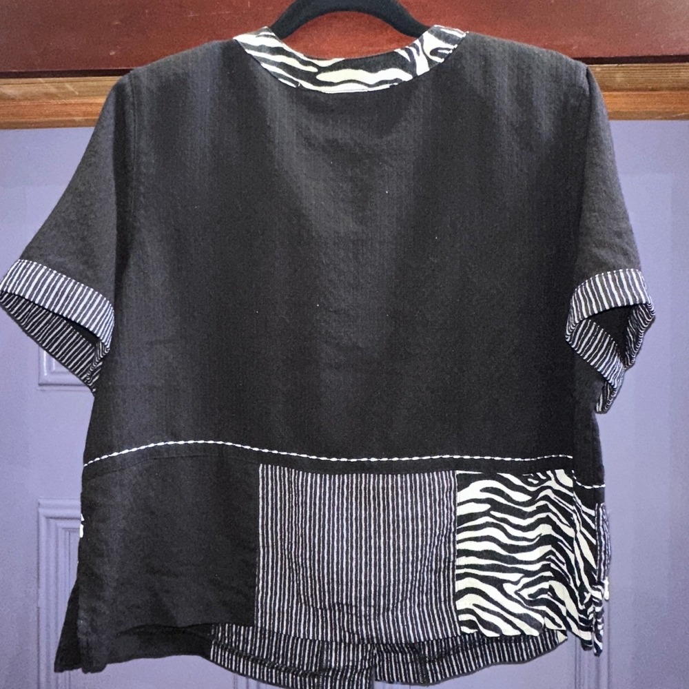 Koret Womens Large Vintage Black Zebra Patchwork Beaded Fringe Button Front Top - Picture 2 of 5